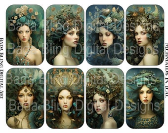 Mermaids In Teal, printable gift tags or use for Altoid tin shrines mermaid collage sheets, INSTANT Downloads, 2 JPEGS included, Altoid art