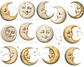 Man in the Moon Woman in the Moon collage sheets PNG & JPEG files INSTANT Digital Download at Checkout celestial art digital collage sheets