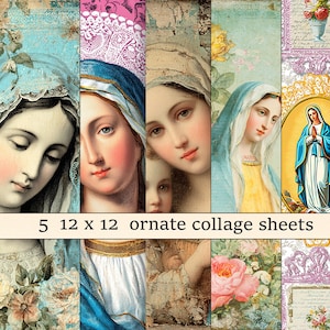 May include: A set of five 12 x 12 inch ornate collage sheets. The sheets feature vintage-style images of women with soft, pastel colors, including blue, pink, and yellow. The text on the image reads "5 12 x 12 ornate collage sheets."