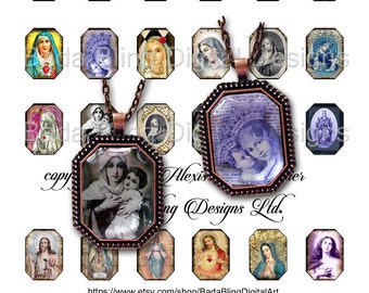 Antique Prayer Cards,  22mm x 30mm octagons, INSTANT DOWNLOAD,religious collage sheets. octagonal  pendants,Madonna, Catholic images