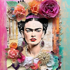 Collage de Frida Kahlo n.° 5 de 5 imágenes grandes, arte original para imprimir, se puede usar en bloques de tela, páginas de diario, camisetas, cuadernos, decoupage