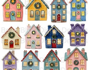 Casitas navideñas 1 archivo PNG y 4 JPEG Etiquetas de regalo de casa navideña vintage Descargas INSTANTÁNEAS Navidad rosa Imágenes digitales navideñas