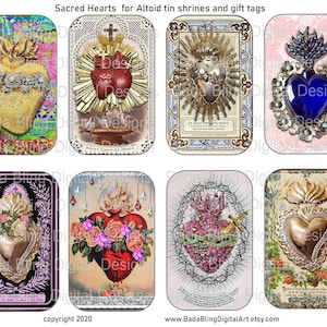 May include: Eight digital printable images of sacred hearts with various designs and colors. The images are perfect for creating Altoid tin shrines or gift tags.