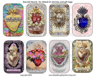 Ex Voto Sacred Hearts, Altoid tin inserts, gift tags INSTANT Downloads, religious shrines, religious collage sheets, Catholic, sacred hearts