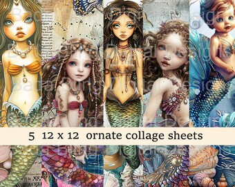 May include: Five 12x12 inch collage sheets featuring ornate illustrations of mermaids with intricate details, seashells, and a butterfly. The mermaids are depicted with long flowing hair, jeweled necklaces, and colourful tails.