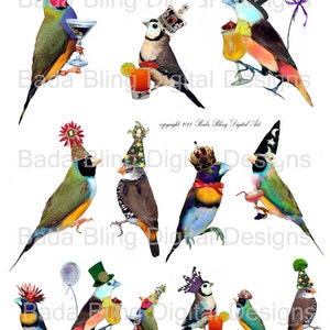 Fête oiseaux, art altéré collage feuilles, INSTANT TÉLÉCHARGEMENTS, pinsons diamant de Gould, chapeaux de fête, couronnes, oiseau collage de feuilles, fête imprimables