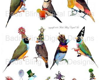 Party Birds, altered art collage sheets,INSTANT DOWNLOADS, gouldian finches, party hats, crowns, bird collage sheets, party printables