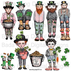 My Leprechaun Tribe Instant Download 3 PNG files original art 11 cute leprechauns and pot of gold  perfect for St Patrick's Day decorations