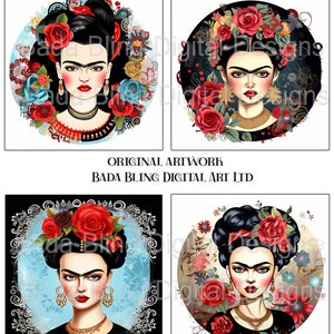 Arte original de FRIDA y flores, descarga INSTANTÁNEA, uso para diarios, tarjetas, etiquetas, joyas de Frida, azulejos de cerámica de 4 x 4, decoupage, tarjetas de Frida