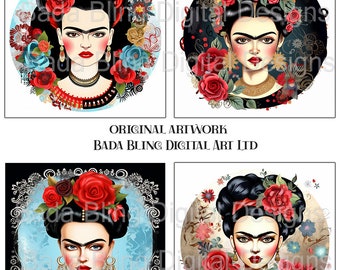 FRIDA and Flowers original art INSTANT Download, use for journals, cards, tags, Frida jewelry, 4 x 4 ceramic tiles, decoupage, Frida cards