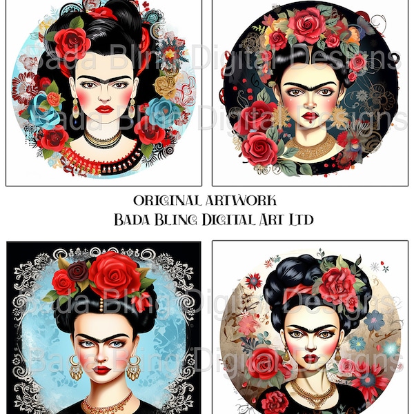 FRIDA and Flowers original art INSTANT Download, use for journals, cards, tags, Frida jewelry, 4 x 4 ceramic tiles, decoupage, Frida cards
