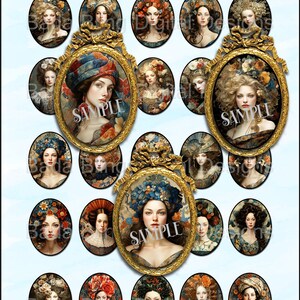 May include: Set of 16 oval-shaped digital art images featuring portraits of women in ornate frames. The images are 30 x 40 mm and are labeled "Baroque Beauties".