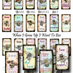 May include: A set of 18 digital scrapbook paper squares featuring a bee illustration with a different word on each square. The words include "proud", "artistic", "original", "free", "the best", "plan B", "bold", "kind", "faithful", "wise", "creative", "brave", "queen", "the best", "grateful", "amazing", "friend", and "mine".
