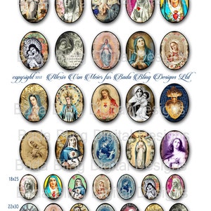 May include: Sheet of 20 oval-shaped digital images featuring vintage religious artwork. The images depict various depictions of the Virgin Mary, Jesus, and other religious figures. The images are in a variety of colors, including blue, red, gold, and white. The images are perfect for crafting projects, scrapbooking, and digital design.