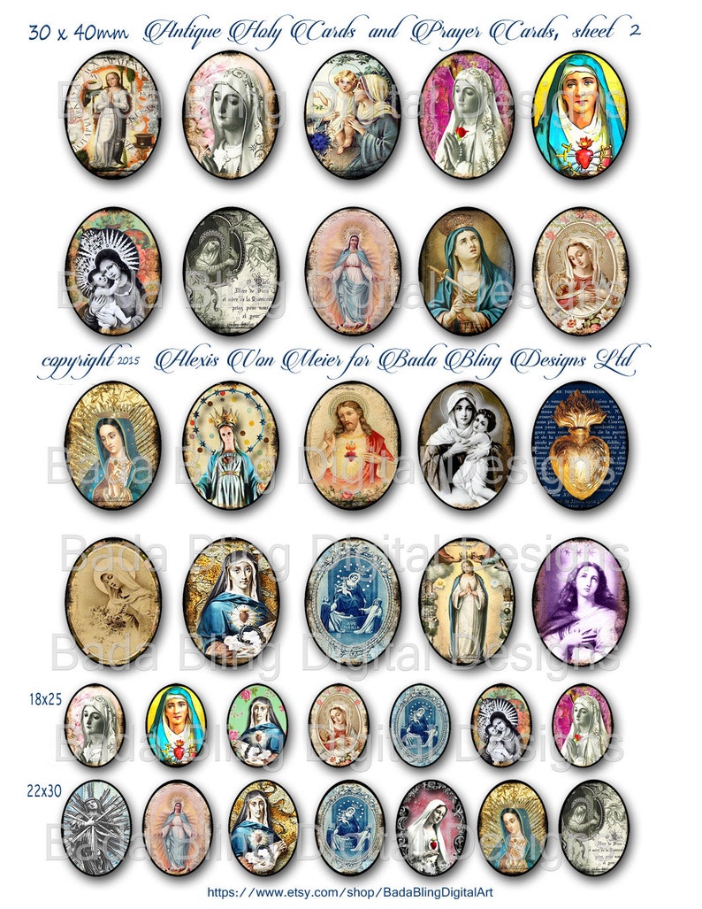 May include: Sheet of 20 oval-shaped digital images featuring vintage religious artwork. The images depict various depictions of the Virgin Mary, Jesus, and other religious figures. The images are in a variety of colors, including blue, red, gold, and white. The images are perfect for crafting projects, scrapbooking, and digital design.