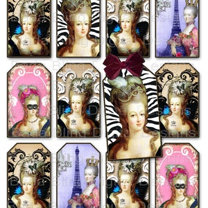 Marie Antoinette, gift tags, tag collage sheets, INSTANT  Download at Checkout, 3 x 2 tags, fairies, Marie Antoinette, Paris, wings, crowns