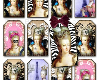 Marie Antoinette, gift tags, tag collage sheets, INSTANT  Download at Checkout, 3 x 2 tags, fairies, Marie Antoinette, Paris, wings, crowns