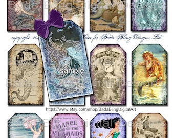 May include: A sheet of eight vintage mermaid themed gift tags. The tags feature illustrations of mermaids, seashells, and ocean scenes. The tags are perfect for adding a touch of whimsy to your gifts.