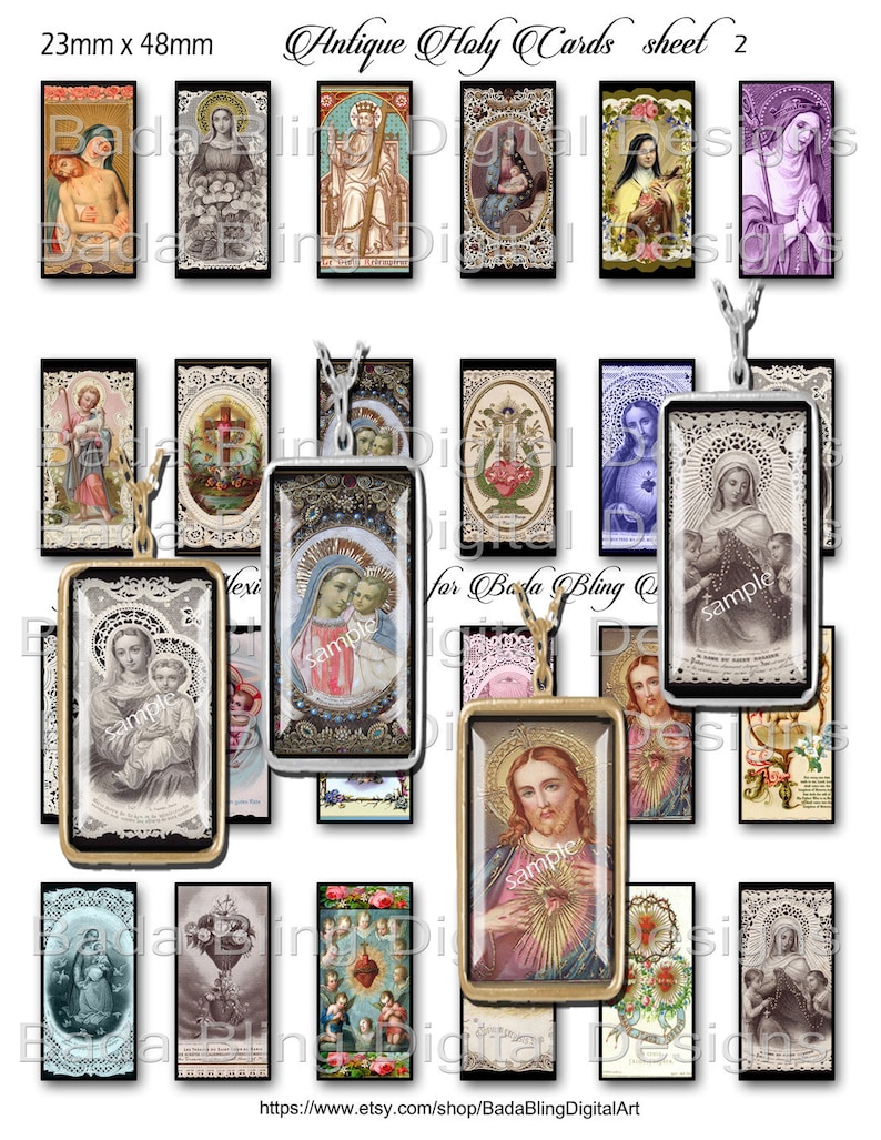 May include: A digital collage sheet containing 16 vintage religious images, each measuring 23mm by 48mm. The images depict various religious figures, including Jesus, Mary, and saints. The images are presented in a range of styles, including paintings, drawings, and photographs. All images are in colour and are in good condition.
