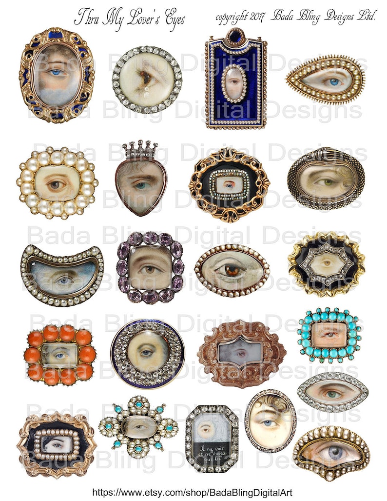 May include: A collection of 16 vintage eye-themed brooches with various designs and colors. The brooches feature intricate details, including pearls, gemstones, and gold accents. The eyes are painted with realistic detail and are surrounded by ornate frames.