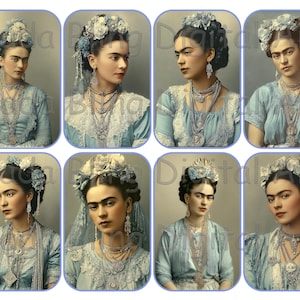 Puede incluir: Un collage de ocho retratos de Frida Kahlo en azul y plata. Cada retrato muestra a Kahlo con un tocado floral, collares ornamentados y un vestido azul claro. Los retratos están sobre un fondo neutro.