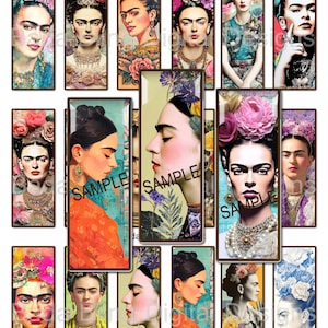 May include: A collection of rectangular art prints featuring portraits of Frida Kahlo in various styles. The prints showcase her iconic unibrow, floral headpieces, and vibrant colors. The text "Frida In Full Color" is at the top.
