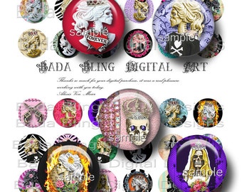 Lolita Skulls and Skeletons bottle cap  images... 25mm digital collage sheets for bottle cap pendants  INSTANT  Digital Download at Checkout