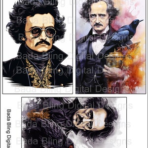 Edgar Allen Poe Folha de cartões postais nº 2, arte original, cartões postais para impressão, folhas de colagem digital, Downloads digitais INSTANTÂNEOS, cada imagem tem 4 x 6