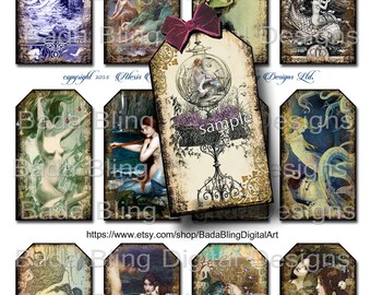 May include: A set of ten printable mermaid gift tags. The tags are in a vintage style with a distressed background and feature various mermaids, sea creatures, and ocean scenes. The tags are perfect for adding a touch of whimsy to your gifts.