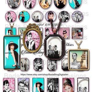 Könnte beinhalten: Ein Satz digitaler Bilder mit Audrey Hepburn in verschiedenen Szenen aus dem Film "Frühstück bei Tiffany". Die Bilder sind in verschiedenen Formen und Größen, darunter Kreise, Ovale und Rechtecke. Die Bilder sind perfekt für die Verwendung in Scrapbooking, Kartenherstellung und anderen Bastelprojekten.