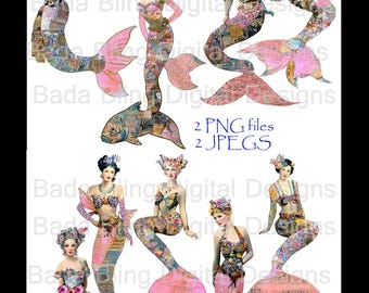 Merry Mermaids mermaid collage sheets  INSTANT Download  Original Art mermaids altered art mermaids  2 PNG and JPEG files  paper dolls