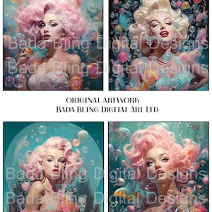 Marilyn Monroe disfrutando de las burbujas, arte original, DESCARGAS INSTANTÁNEAS, uso para diarios basura, artículos para pintar en fiestas y mosaicos de cerámica de 4 x 4