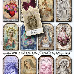 May include: A set of 10 printable digital gift tags featuring vintage religious images of Mary and Jesus. The tags are in a distressed style with lace and floral accents. The text on the tags includes "Hail Mary full of Grace" and "copyright 2015 Alexis Van Meier for Bada Bling Designs Ltd."