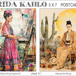 FRIDA Postkarten #1 original Kunst druckbare Postkarten digitale Collage Bogen INSTANT Digital Downloads mexikanische Künstlerin Frida jedes Bild ist 5 x 7