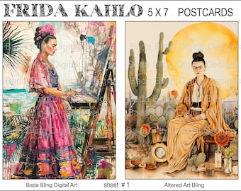 Cartes postales FRIDA # 1 feuille de collage numérique de cartes postales imprimables d'art originales Téléchargements numériques instantanés Artiste mexicaine Frida, chaque image mesure 5 x 7