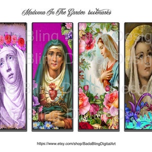 Madonna in de tuin bladwijzers, religieuze collagebladen, INSTANT Download bij de kassa bladwijzers, Maria, katholieke afbeeldingen, Heilige Moeder