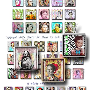 May include: A digital collage of images featuring Frida Kahlo, a famous Mexican painter. The images are arranged in a grid pattern and include various styles and colors. The text "Frida Kahlo, As I Envision Her Today" and "copyright 2015 Alexis Von Meier for Bada t" are also included in the image.