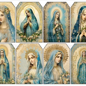 The Blessed Mother in Aqua en Teal cadeaukaartjes Instant Downloads originele kunst Katholieke gebedskaarten Heilige kaarten Katholieke cadeaukaartjes Madonnakunst