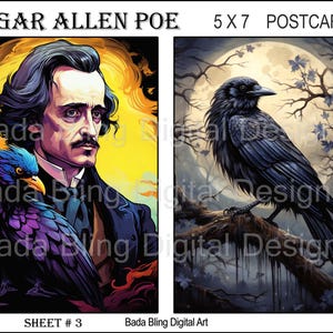 Cartões postais de Edgar Allen Poe nº 2 de 3 cartões postais originais para impressão, folhas de colagem digital, downloads digitais instantâneos, cada imagem tem 5 x 7