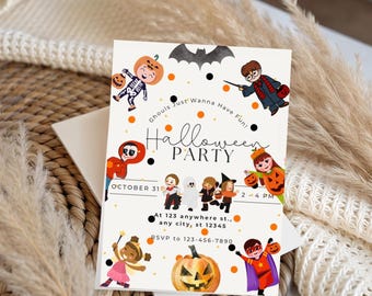 May include: Halloween party invitation with illustrations of ghosts, pumpkins, and children in costumes. The invitation includes the text "Ghouls Just Wanna Have Fun!" and event details: October 31, 2-4 PM, and RSVP information.