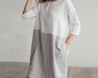 Robe bicolore en coton et lin à manches longues, poches latérales et col rond