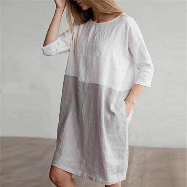 Cotton and Linen 2 colours dress with long sleeves, side pockets and round neck