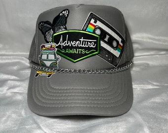 Adventure Awaits Patch Trucker Hat with Chain and Charm, Trendy Trucker Hat, Patchy Hat, Patch Hat, Mother’s Day Hat, Summer Hat Tan
