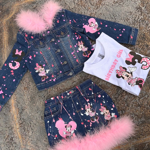 custom birthday outfit for kids character theme denim skirt set for birthday set for kids cartoon birthday outfit set