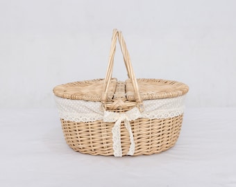 Vintage Wicker Picnic Basket with Lace Liner: Handwoven Farmhouse Hamper