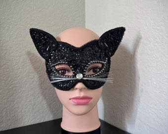 Máscara de gato negro para disfraz de gatito con lentejuelas para fiesta de disfraces