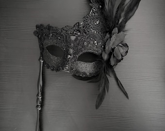 Handmade Black Feather Masquerade Mask with Stick, Lace Venetian Mask, Gothic Mardi Gras Halloween Costume for Women