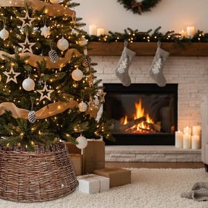 May include: A decorated Christmas tree with star and ball ornaments, lights, and a woven tree skirt. A fireplace with stockings and a lit fire is in the background. Presents are at the base of the tree.