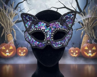 Sequin Cat Ear Masquerade Mask – Sparkly Halloween Costume, Cosplay Party Mask, Feline Carnival Accessory