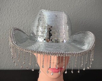 Silver Disco Cowboy Hat with Rhinestone Fringe, Mirror Mosaic Western Hat, Sparkly Festival Rave Costume, Bachelorette Party Hat